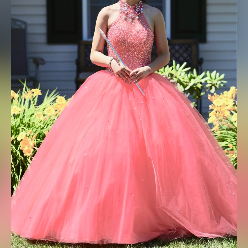 Coral high neck Quinceañera dress